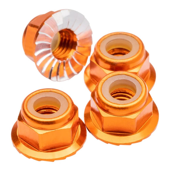 M4 Flanged & Serrated Aluminum Locknuts, Orange, 4pcs