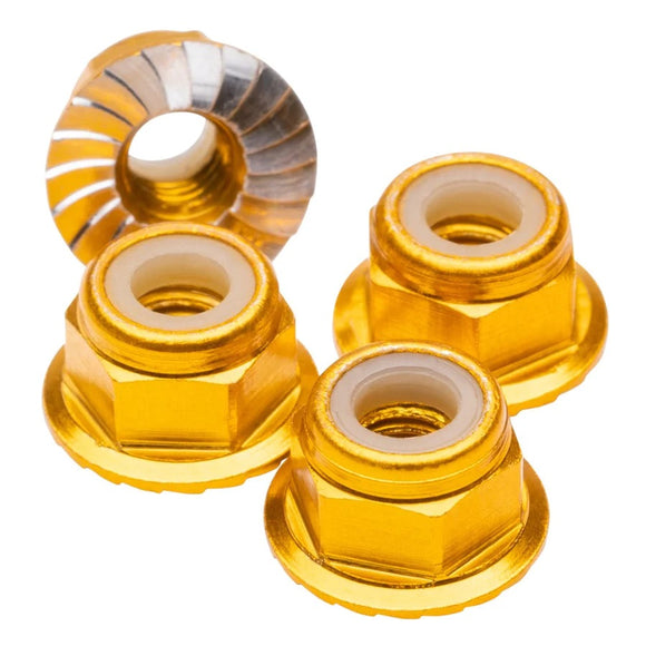 M4 Flanged & Serrated Aluminum Locknuts, Gold, 4pcs