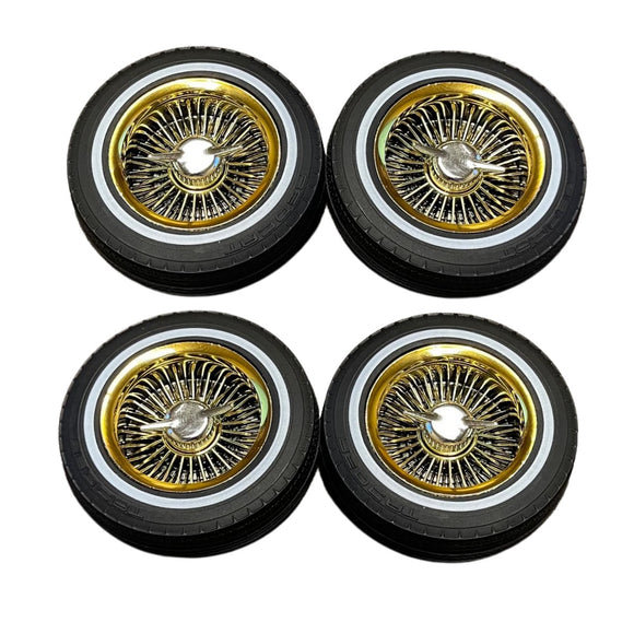 Whitewall Low Pro Tires and Wheels w/ Knock offs & Wheel Nuts (Gold)(Not Glued) (1Set)