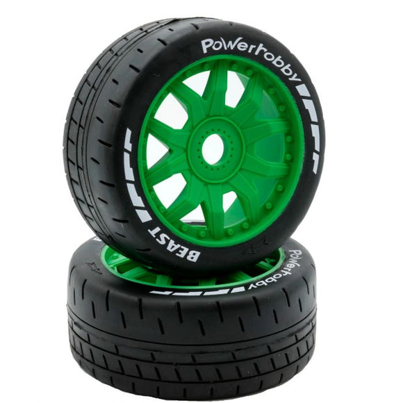 1/8 GT Beast Belted Mounted Tires 17mm Medium Green Wheels